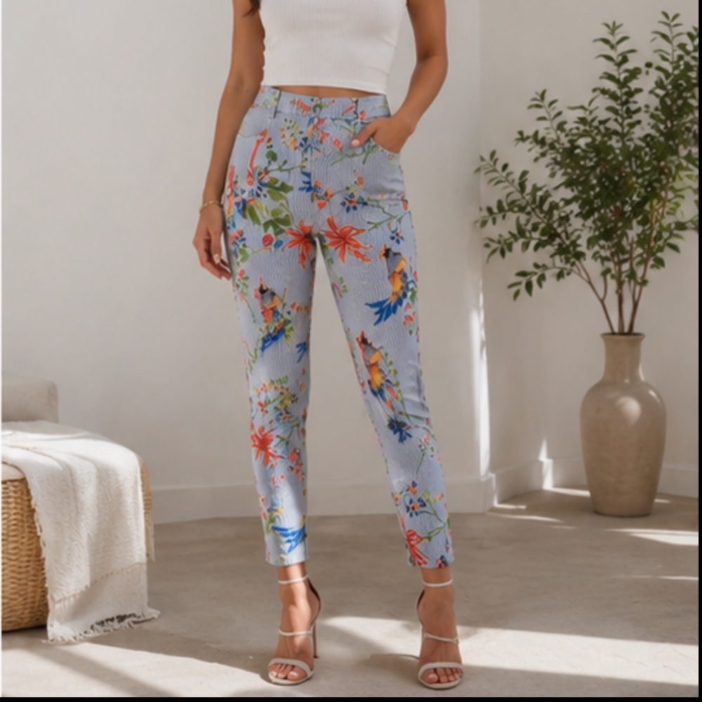 Peck & Peck Petitie Blue + White Striped Pants with Bird & Flower Designs Size 8